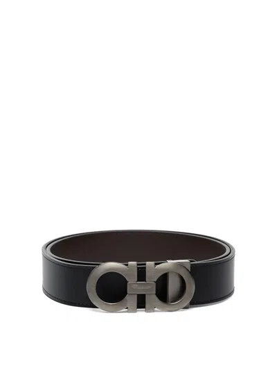 Ferragamo Brushed Finish Gancini Reversible Belt In Black