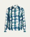 Ferragamo Brushstroke Check Button Down Silk Blouse