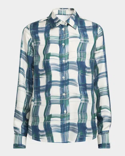 FERRAGAMO BRUSHSTROKE CHECK BUTTON DOWN SILK BLOUSE