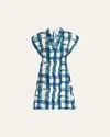Ferragamo Brushstroke Check Short Silk Dress In Blue