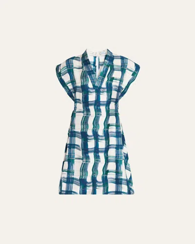 Ferragamo Brushstroke Check Short Silk Dress In Blue