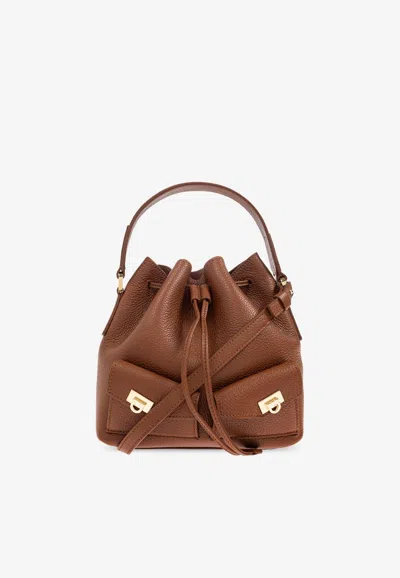 Ferragamo Bucket Bag In Hammered Leather In Brown