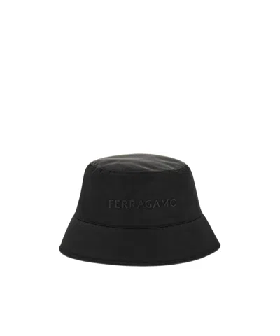 Ferragamo Bucket Hat With Embroidered Logo In Black