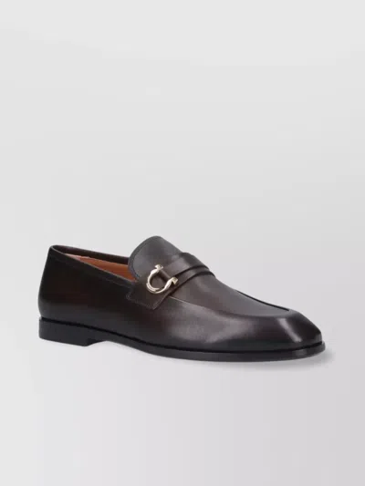 Ferragamo Buckle Detail Leather Sole Round Toe Loafers In Black