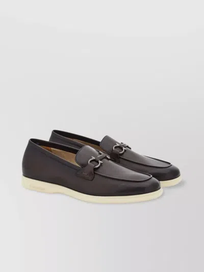 Ferragamo Buckle Loafers With Almond Toe And Metal Hardware In Brown