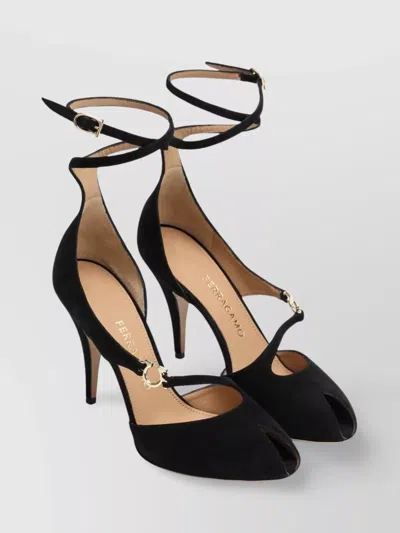 Ferragamo Buckle Peep Toe Stiletto Suede Pump In Black
