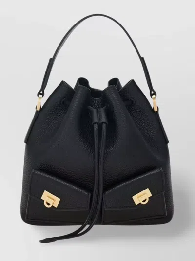 Ferragamo Buckles Textured Multipocket Bucket Bag In Black