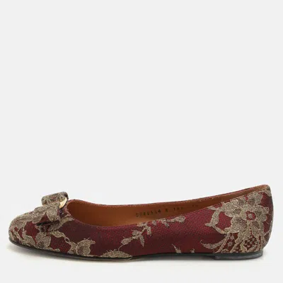 Pre-owned Ferragamo Burgundy Lace And Lurex Fabric Ballet Flats Size 38