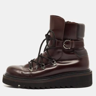 Pre-owned Ferragamo Burgundy Leather Ankle Length Boots Size 41.5