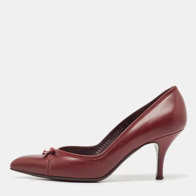 Pre-owned Ferragamo Burgundy Leather Bow Pumps Size 38.5