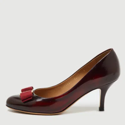 Pre-owned Ferragamo Burgundy Leather Vara Bow Pumps Size 36.5