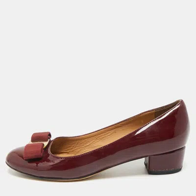 Pre-owned Ferragamo Burgundy Patent Leather Vara Bow Block Heel Pumps Size 36