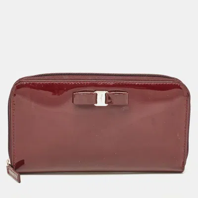 Ferragamo Burgundy Patent Leather Vara Bow Zip Around Wallet