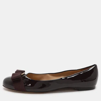 Pre-owned Ferragamo Burgundy Patent Leather Varina Bow Ballet Flats Size 37