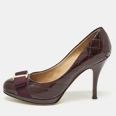 Pre-owned Ferragamo Burgundy Quilted Patent Leather Vara Bow Pumps Size 36.5