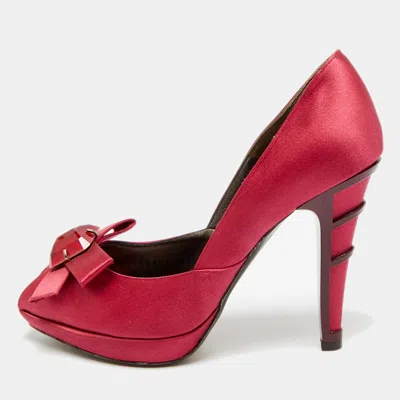 Pre-owned Ferragamo Burgundy Satin Crystal Embellished Peep Toe Pumps Size 37