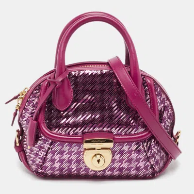 Pre-owned Ferragamo Burgundy Sequins And Leather Fiamma Satchel