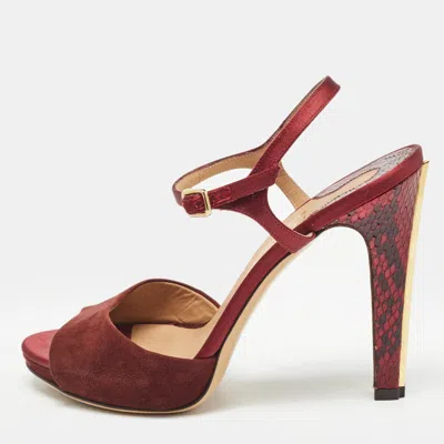 Pre-owned Ferragamo Burgundy Suede And Python Leather Ankle Strap Sandals Size 38.5
