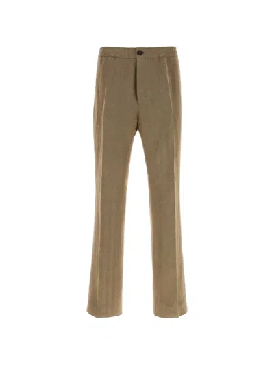 Ferragamo Linen Blend Straight Leg Button Trousers In Brown