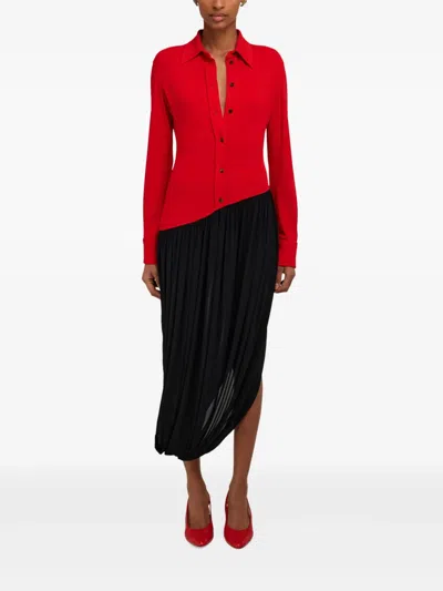 Ferragamo Viscose Shirt Dress With Gathered Skirt In Red
