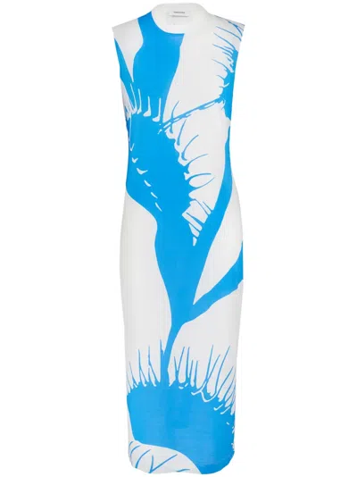 Ferragamo Cactus-print Sleeveless Midi Dress In Blue