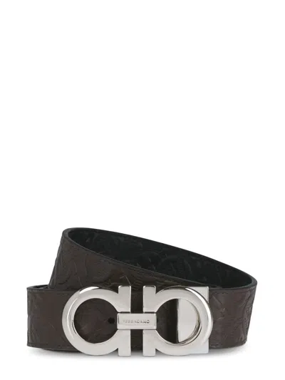 Ferragamo Calf Leather Belt With Double Gancini Buckle In Brown