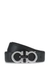 Ferragamo Calf Leather Belt With Polished Silver Buckle And Iconic Logo In Gray