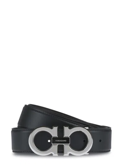 Ferragamo Calf Leather Belt With Polished Silver Buckle And Iconic Logo In Gray