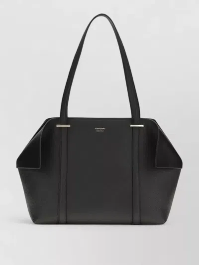 Ferragamo Calf Leather Bos Taurus Tote Shoulder Bag In Black