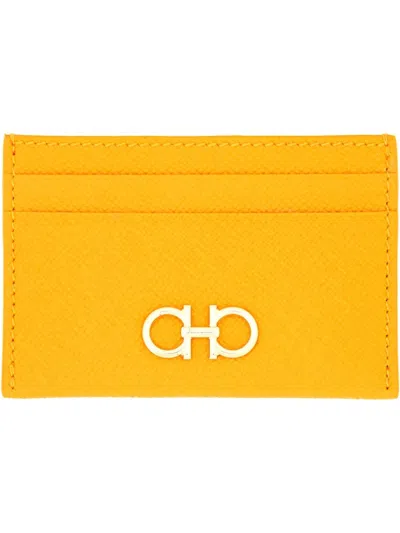 Ferragamo Calf Leather Card Holder With Logo Accent In Yellow