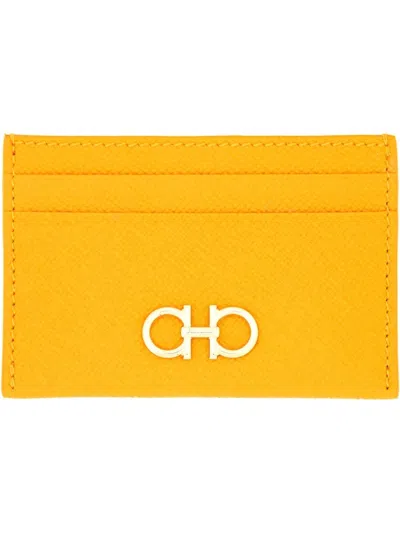 Ferragamo Calf Leather Card Holder With Logo Accent In Yellow