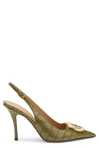 Ferragamo Calf Leather Crocodile-print Slingback Stiletto Heels In Green