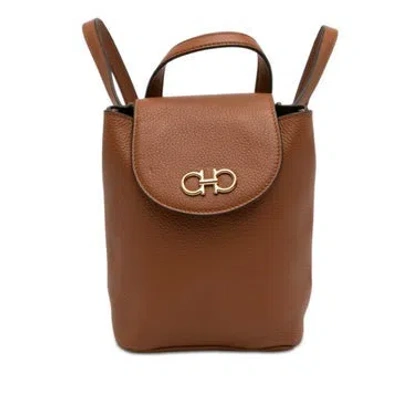 Pre-owned Ferragamo Calf Leather Mini Leather Double Gancini Backpack In Brown