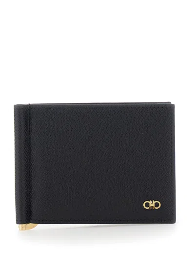 Ferragamo Calf Leather Money Clip Wallet In Black