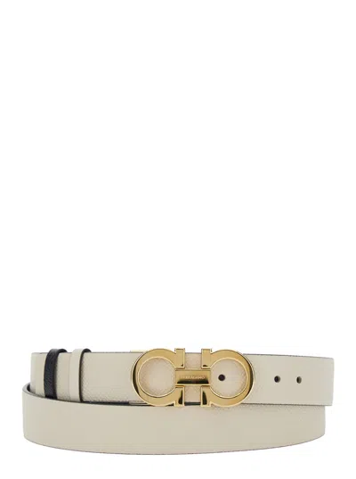 Ferragamo Calf Leather With Gancini Buckle Belt In White