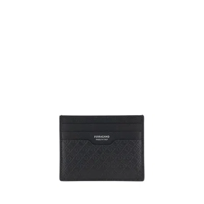 Ferragamo Calf Leather With Gancini Card Case In Black