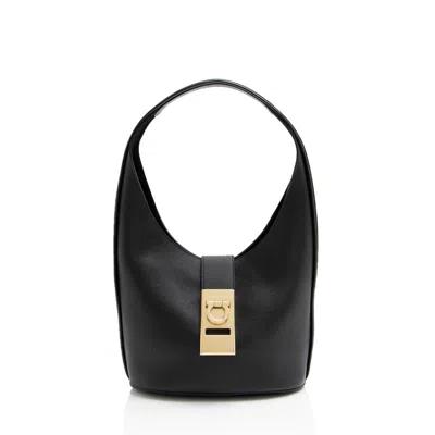 Ferragamo Calfskin Archivo Gancio Medium Hobo In Black