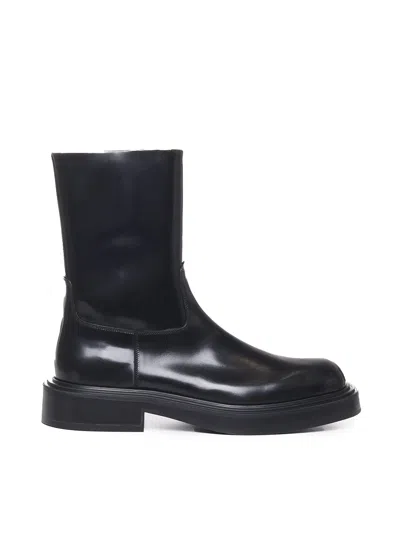 Ferragamo Panelled Patent-leather Ankle Boots In Black