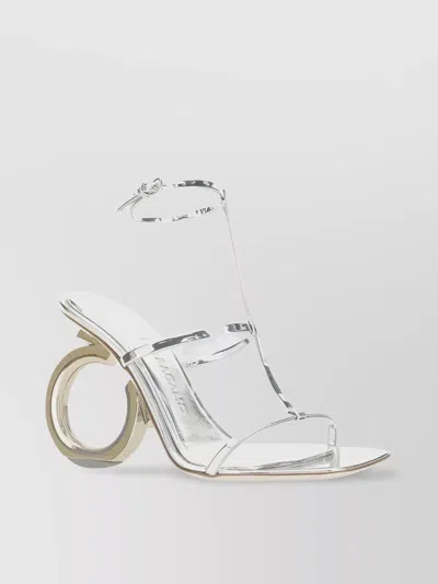 Ferragamo Calfskin Geometric Heel Metallic Square Toe Sandals