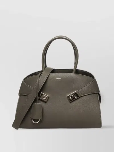 Ferragamo Calfskin Handbag With Gancini Buckles In Green