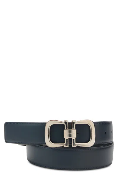 Ferragamo Calfskin Leather Belt With Shiny Metal Buckle In Black