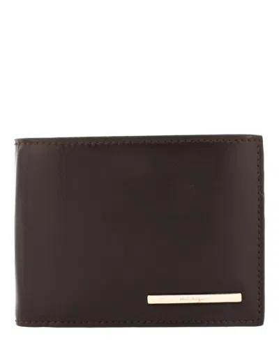 Ferragamo Calfskin Leather Crosta Bifold Wallet With Silver-tone Hardware In Brown