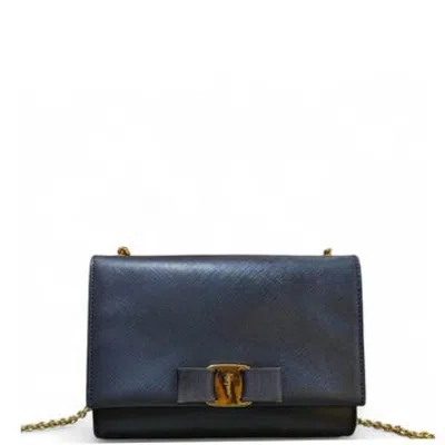 Pre-owned Ferragamo Calfskin Vara Bow Chain Wallet In Blue