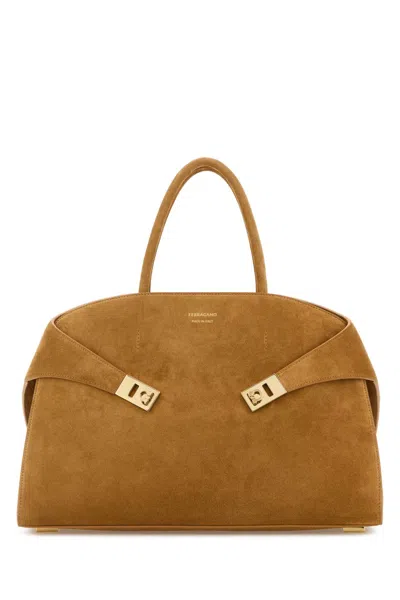 FERRAGAMO CAMEL SUEDE LARGE HUG HANDBAG