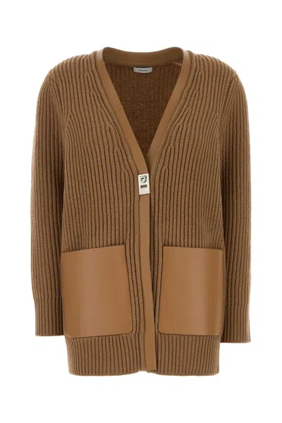 Ferragamo Camel Wool Cardigan In Brown
