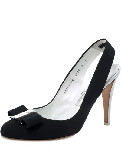 Pre-owned Ferragamo Canvas Bow Slingback Shoes In Black