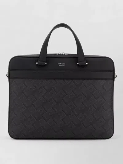 Ferragamo Canvas Briefcase Bag Embossed Pattern Handles In Black