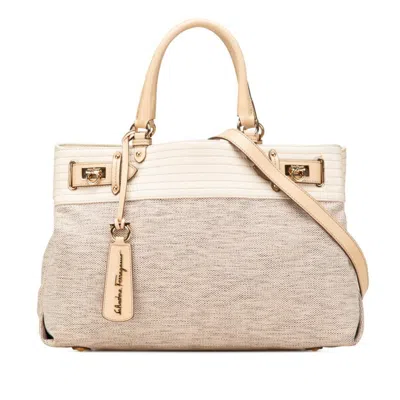 Pre-owned Ferragamo Canvas Leather Shoulder Bag Tote Bag () In Sand