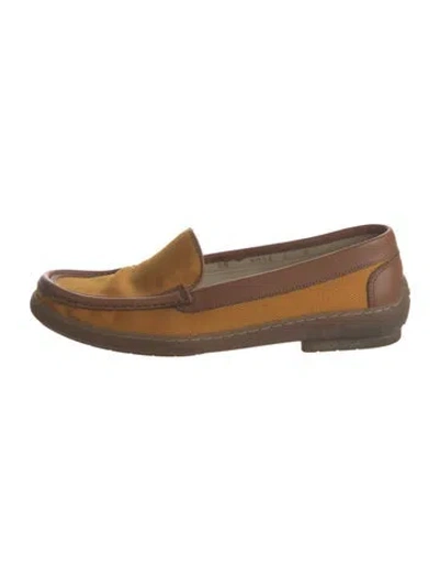 Pre-owned Ferragamo Canvas Leather Trim Embellishment Loafers In Yellow