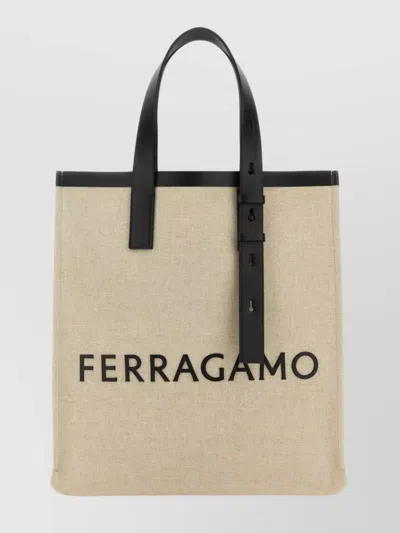 Ferragamo Canvas Shopping Bag Adjustable Strap In Neutral